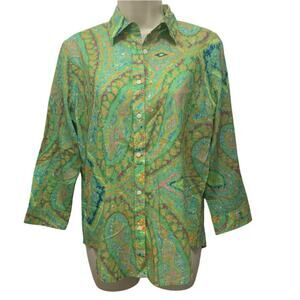 Lauren Ralph Lauren Shirt Womens Medium Green Paisley 3/4 Sleeve Button Up